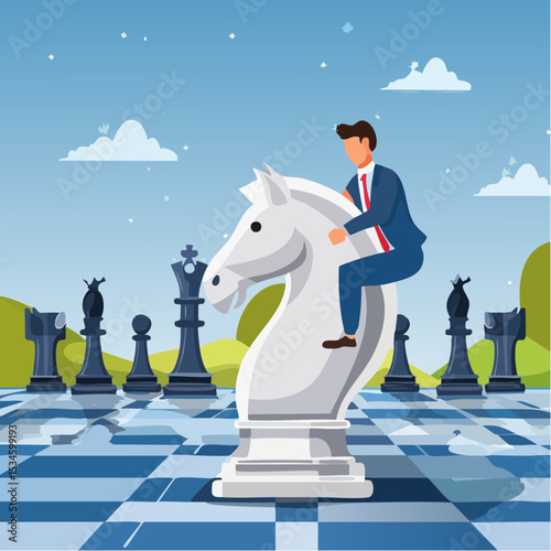 Strategic move, leadership to lead team with strategy, challenge to success, courage and confidence to win business competition concept, businessman riding chess knight lead team to win chess victor