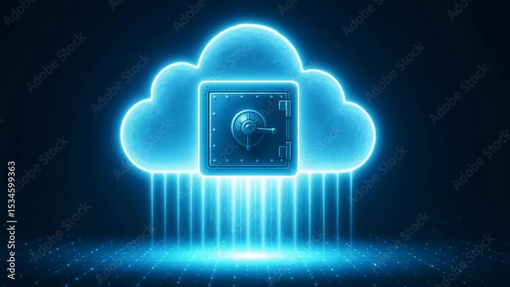 A futuristic illustration of a secure cloud storage concept, featuring a glowing cloud with a digital vault. Ideal for representations of data security and modern technology.