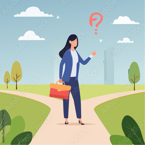 Decision choice, confusion, doubt for opportunity, challenge to choose career path, way to success or tough decision, way to solve problem concept, confused businesswoman make decision choosing pat