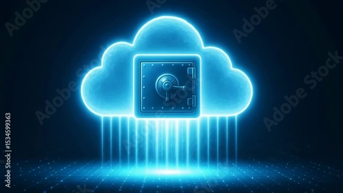 A futuristic illustration of a secure cloud storage concept, featuring a glowing cloud with a digital vault. Ideal for representations of data security and modern technology.