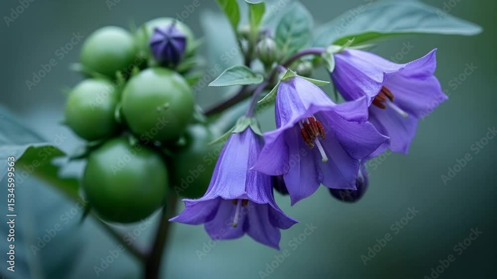 Bell-shaped purple flowers and green fruit of deadly nightshade, macro close-up in shaded woodland, concept: toxicology research, botanical medicine, health awareness