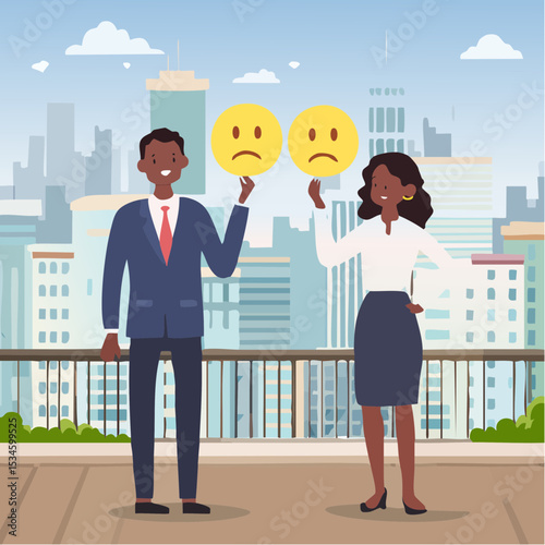 Employee morale, team spirit, work passion or job satisfaction, worker wellbeing or feeling, attitude and motivation concept, businessman and businesswoman team showing emotion happy and sad face