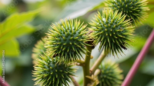 Spiky green castor bean fruits up close, macro view of toxic texture in sunlight garden, concept: toxicology, pharmaceutical, agricultural education