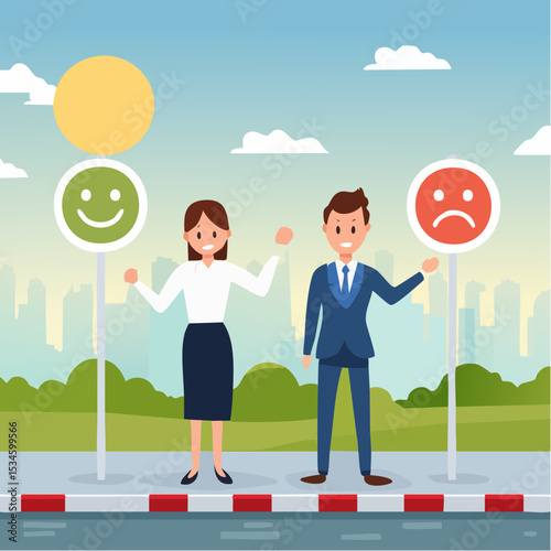 Employee morale, team spirit, work passion or job satisfaction, worker wellbeing or feeling, attitude and motivation concept, businessman and businesswoman team showing emotion happy and sad face