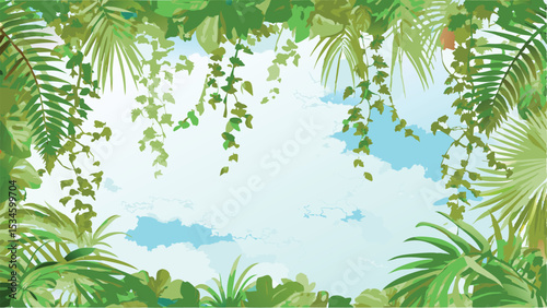 Illustration of a tropical foliage frame with palm leaves and vines against a cloudy blue sky backdrop