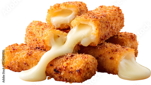 Delicious fried cheese sticks with melted cheese flowing out displaying a golden crunchy texture isolated on isolated on white transparent background
