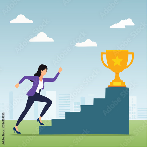 Woman success, step to achieve career success, motivation to grow career path, growth, climb up stair to reach goal, ambition concept, business woman run fast climb up stair to reach winning troph