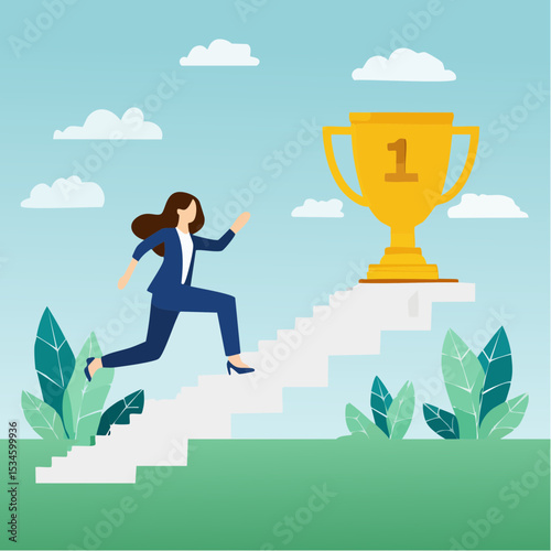 Woman success, step to achieve career success, motivation to grow career path, growth, climb up stair to reach goal, ambition concept, business woman run fast climb up stair to reach winning troph