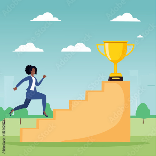Woman success, step to achieve career success, motivation to grow career path, growth, climb up stair to reach goal, ambition concept, business woman run fast climb up stair to reach winning troph