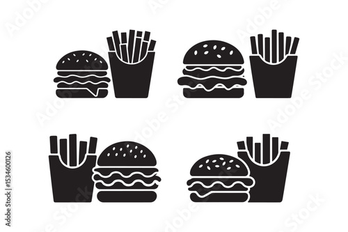 Burger and Fries Silhouette Icons Set for Fast Food Designs