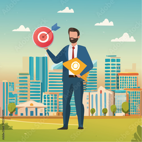 Marketing manager, online advertising, social media content or promotion campaign, customer or consumer target audience, branding communication concept, businessman holding viral marketing element
