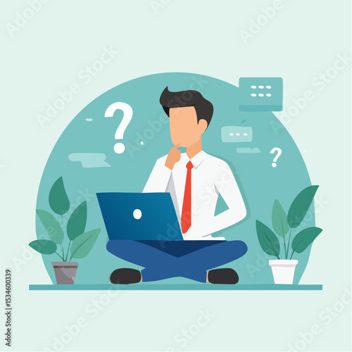 Contemplation, doubt or unsure, curiosity thinking to solve problem, question in the head, uncertainty or confusion, decision concept, businessman thinking on computer laptop with doubt question mar