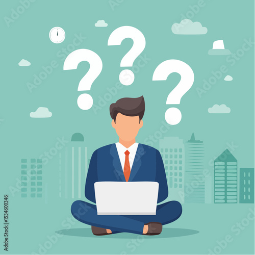 Contemplation, doubt or unsure, curiosity thinking to solve problem, question in the head, uncertainty or confusion, decision concept, businessman thinking on computer laptop with doubt question mar