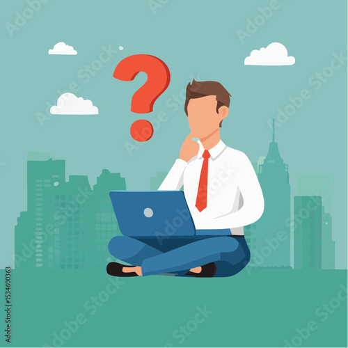 Contemplation, doubt or unsure, curiosity thinking to solve problem, question in the head, uncertainty or confusion, decision concept, businessman thinking on computer laptop with doubt question mar