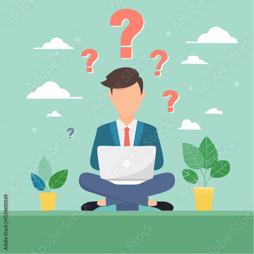 Contemplation, doubt or unsure, curiosity thinking to solve problem, question in the head, uncertainty or confusion, decision concept, businessman thinking on computer laptop with doubt question mar