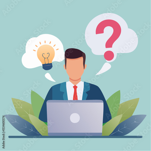 Contemplation, doubt or unsure, curiosity thinking to solve problem, question in the head, uncertainty or confusion, decision concept, businessman thinking on computer laptop with doubt question mar