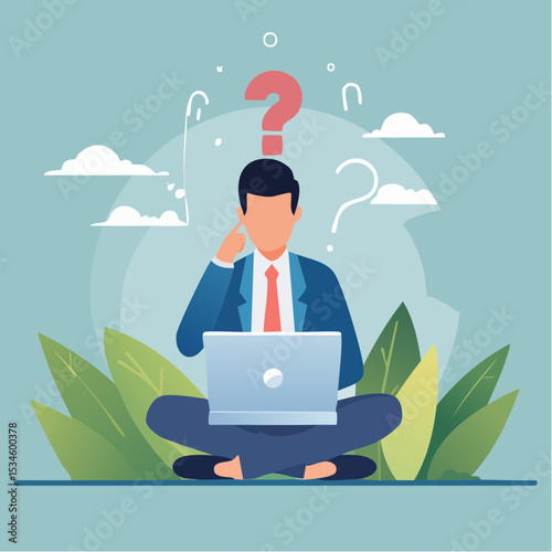 Contemplation, doubt or unsure, curiosity thinking to solve problem, question in the head, uncertainty or confusion, decision concept, businessman thinking on computer laptop with doubt question mar