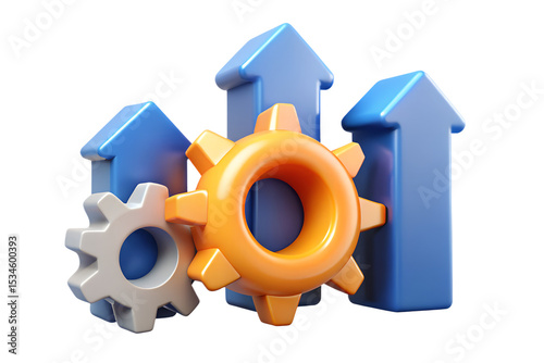 Fototapeta Naklejka Na Ścianę i Meble -  Business growth and development conceptual illustration of gears arrows and progress in 3d rendering with black background