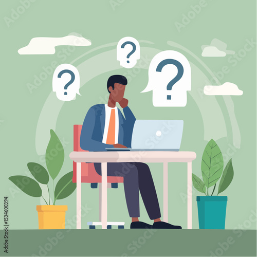 Contemplation, doubt or unsure, curiosity thinking to solve problem, question in the head, uncertainty or confusion, decision concept, businessman thinking on computer laptop with doubt question mar
