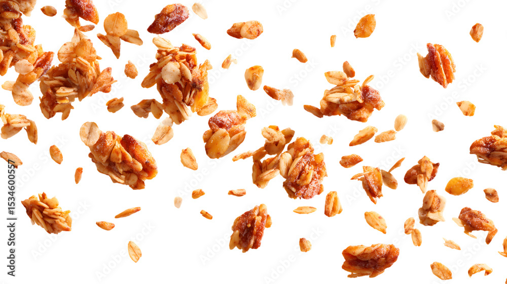 Delicious granola pieces and nuts in artistic levitation on a background of geometric shapes ideal for breakfast advertising isolated on white transparent