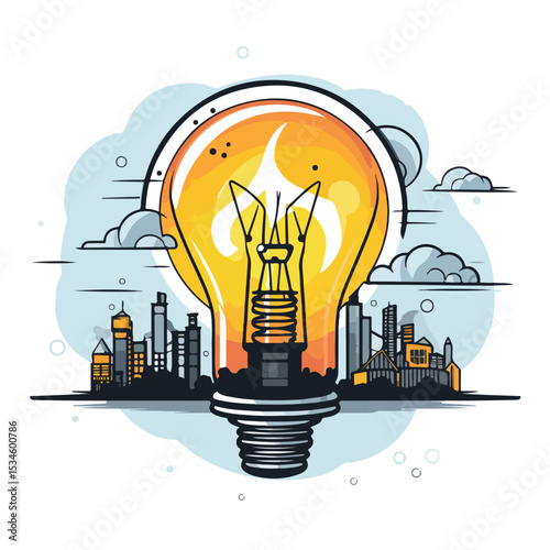 Innovative Light Bulb and Factory Design, Vector Stock Illustration for Presentations and Websites