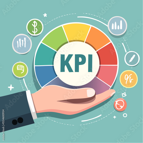 KPI key performance indicator, success benchmark or measuring goal achievement, metric or comparison standard, winning target dashboard concept, businessman hand with KPI performance gauge .
