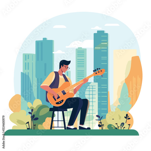 Professional Musician Avatar Cartoon Playing Bass Guitar and Singing Illustration