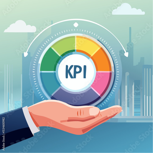 KPI key performance indicator, success benchmark or measuring goal achievement, metric or comparison standard, winning target dashboard concept, businessman hand with KPI performance gauge .