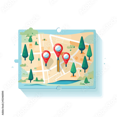 Detailed paper map guide with location pins vector illustration for navigation and travel purposes