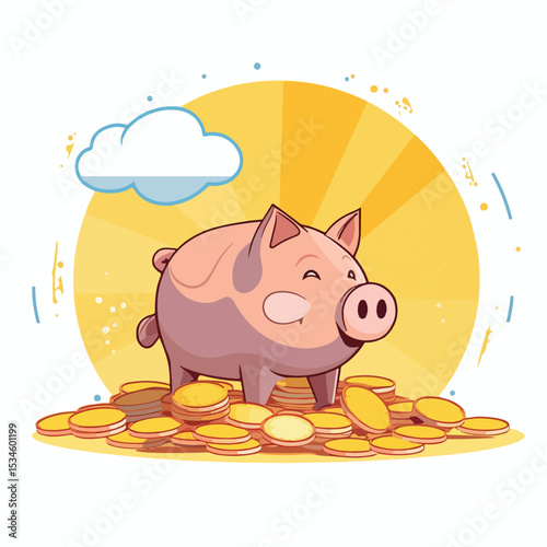 Professional Piggy Bank, Money Savings, Coin and Cash Vector Illustration in Finance Theme