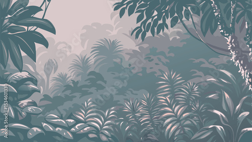 A dense jungle scene with various plants and trees in shades of green and gray creating a lush landscape