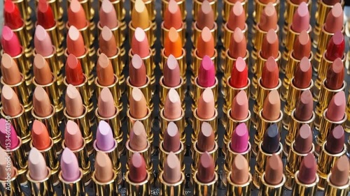 A vibrant display of various lipstick shades arranged in a neat grid, showcasing beauty products