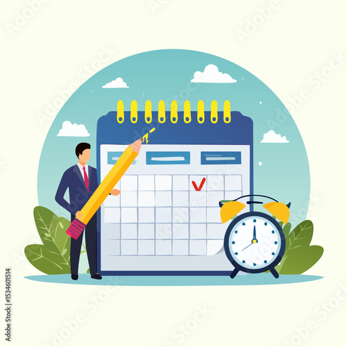 Schedule planning and time management, organize meeting and appointment, event reminder or business schedule concept, businessman holding pencil planning work schedule on calendar and alarm cloc