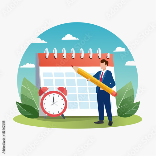 Schedule planning and time management, organize meeting and appointment, event reminder or business schedule concept, businessman holding pencil planning work schedule on calendar and alarm cloc
