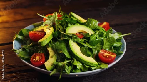 Fresh green salad with avocado and cherry tomatoes on a rustic wooden table background