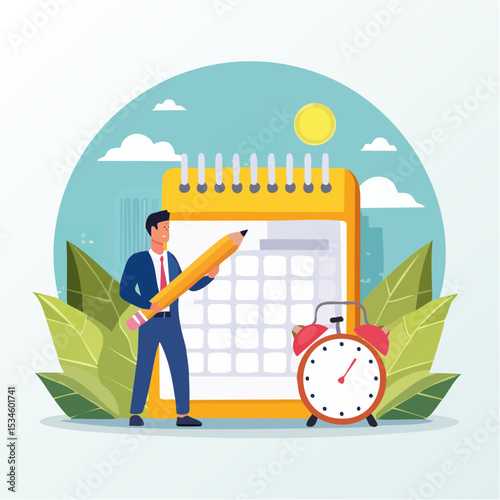Schedule planning and time management, organize meeting and appointment, event reminder or business schedule concept, businessman holding pencil planning work schedule on calendar and alarm cloc