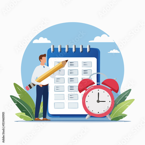 Schedule planning and time management, organize meeting and appointment, event reminder or business schedule concept, businessman holding pencil planning work schedule on calendar and alarm cloc