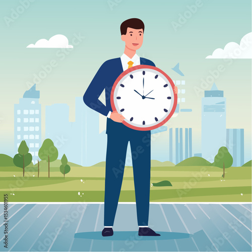 Punctuality, being on time for appointment or schedule, finish work within deadline or timing, meeting reminder or time management concept, punctual businessman holding clock with precise timin