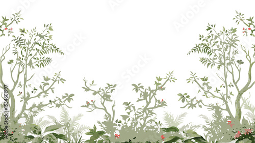 Watercolor style illustration of lush green foliage and trees against a white background image art