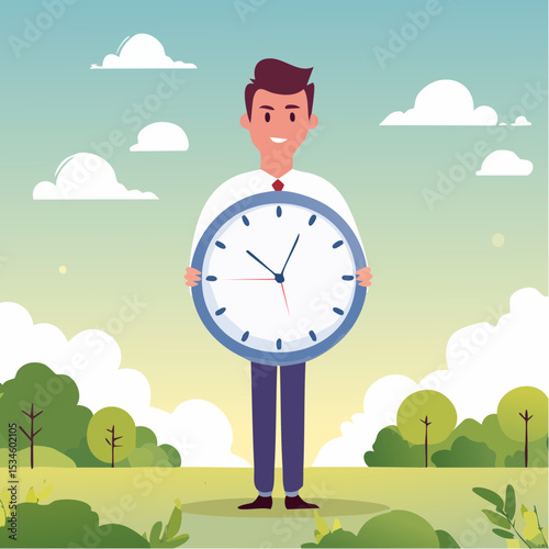 Punctuality, being on time for appointment or schedule, finish work within deadline or timing, meeting reminder or time management concept, punctual businessman holding clock with precise timin