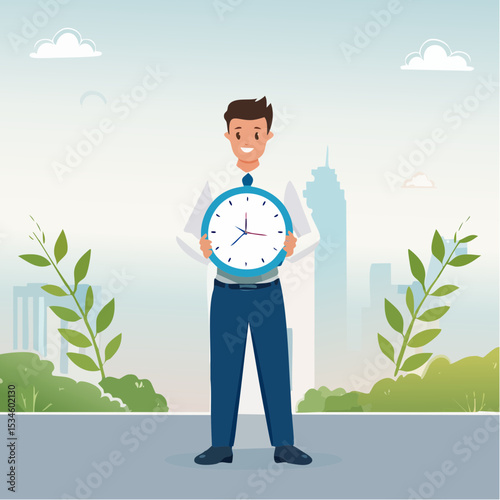 Punctuality, being on time for appointment or schedule, finish work within deadline or timing, meeting reminder or time management concept, punctual businessman holding clock with precise timin