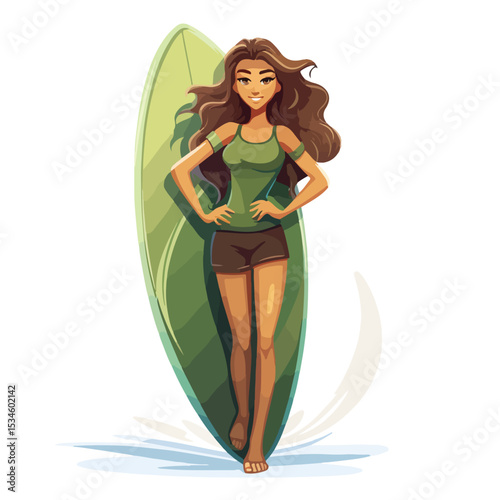 Professional Vector Illustration of Woman Holding Green Surfboard Character Design