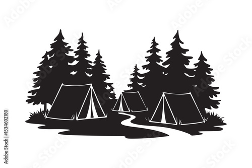 Forest Camp Tents Silhouette with Pine Trees and Trail Vector Art