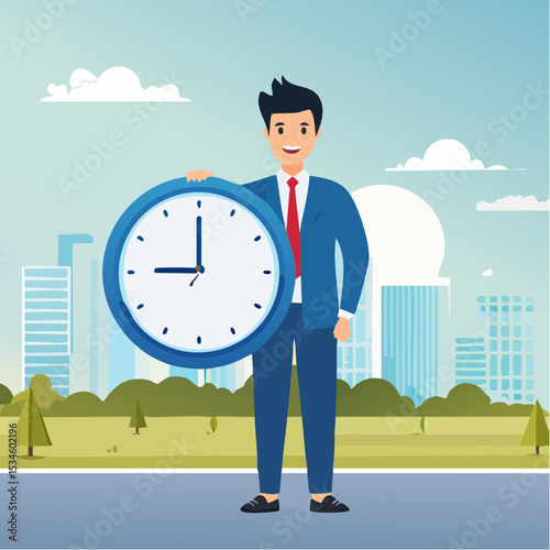 Punctuality, being on time for appointment or schedule, finish work within deadline or timing, meeting reminder or time management concept, punctual businessman holding clock with precise timin