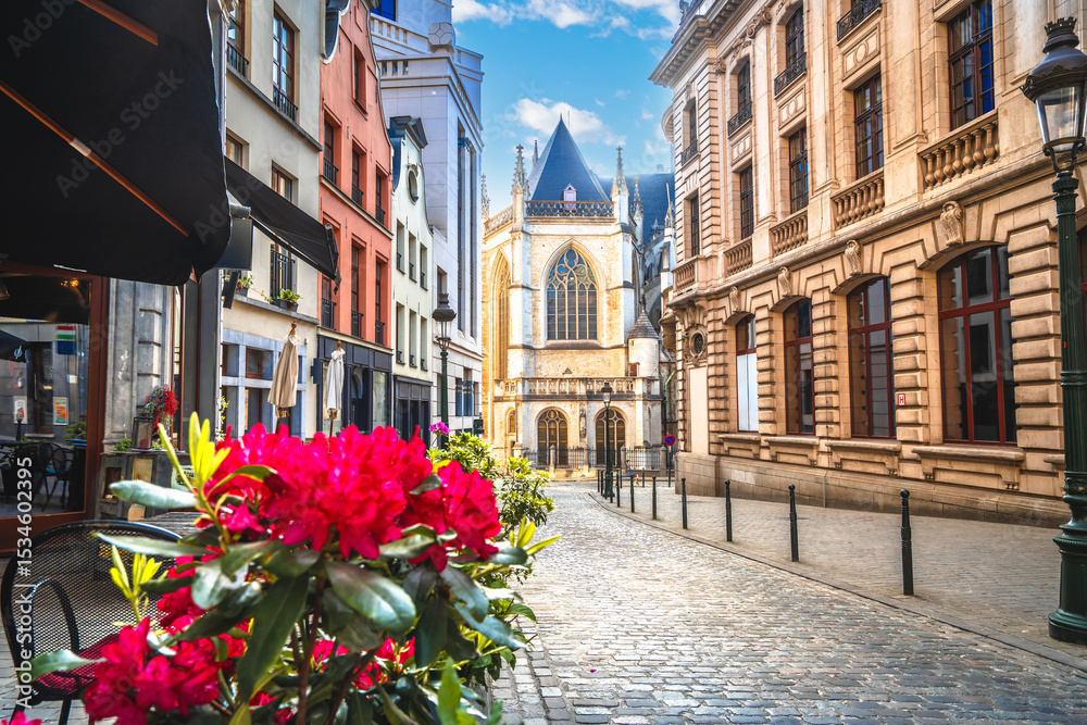 Obraz premium Brussels, Belgium. Old cobbled street in central Brussels view