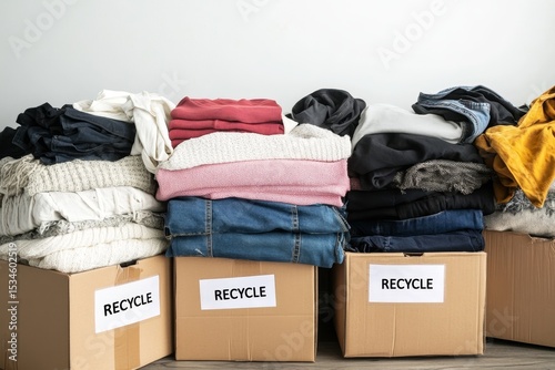 Piles of neatly folded clothing in cardboard boxes labeled for recycling, showcasing a sustainable approach to fashion and textile waste management in a modern interior setting
