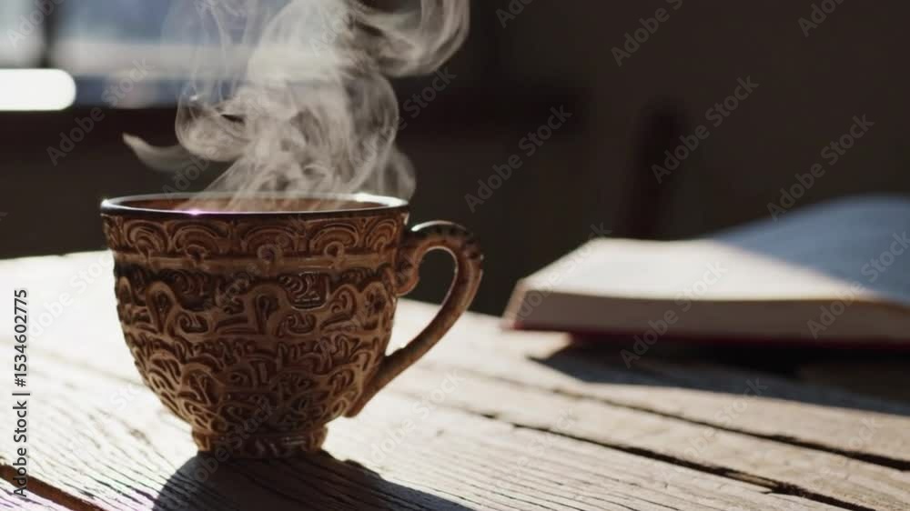 Steaming cup of coffee in warm cozy morning light