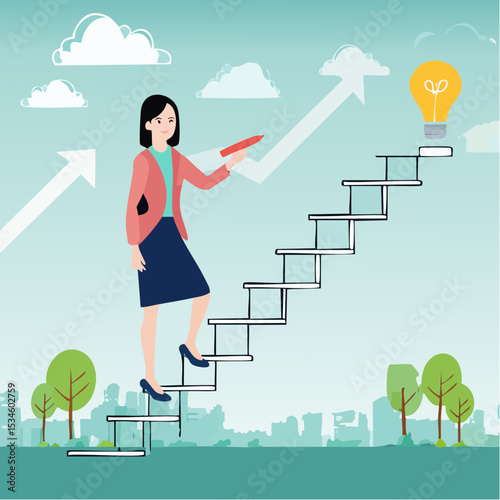 Create stair to success, growth or growing career path, planning for self improvement or leadership motivation, self made success concept, confidence businesswoman draw stair to climb up for succes