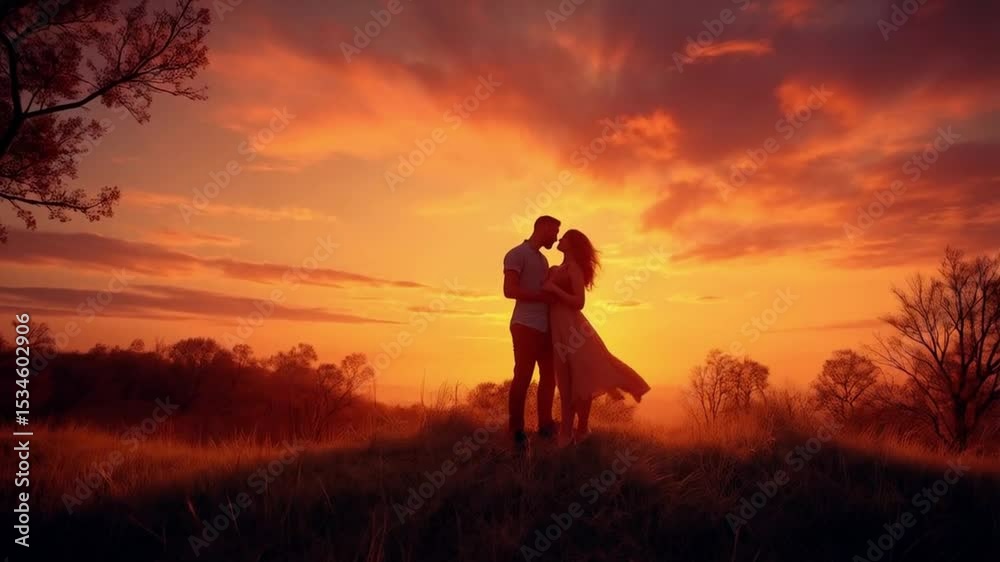 Romantic silhouette of a couple holding hands at sunset against a vibrant sky with copy space