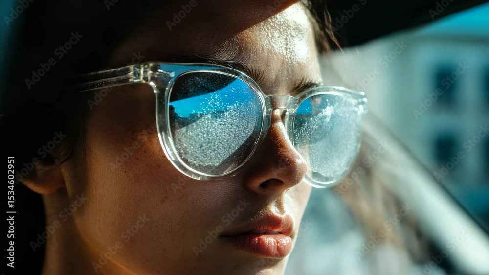 Close-up of a young Caucasian woman with brown hair wearing clear sunglasses. Reflections in the lenses show a blue sky. Steam surrounds her face.